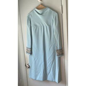 Vintage Saks Fifth Ave Beaded Cuff Sheath Dress Blue Crepe USA Empire Waist